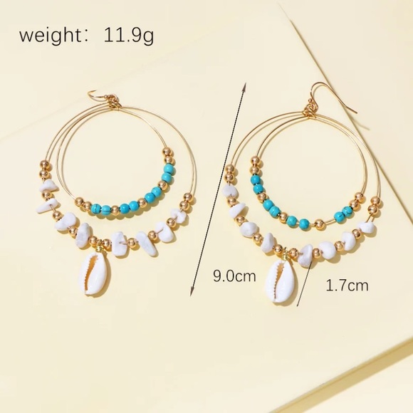 Turquoise Stone Beaded Cowrie Shell Hoop Earrings - Picture 3 of 4